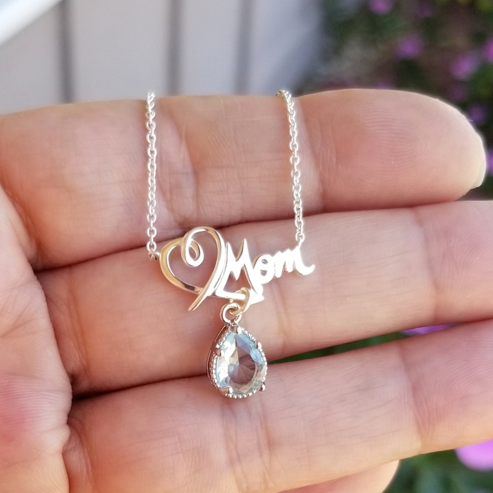 Sterling Silver Mom Pendant Necklace, Aquamarine Necklace, Mothers Day Gift - Picture 6 of 7